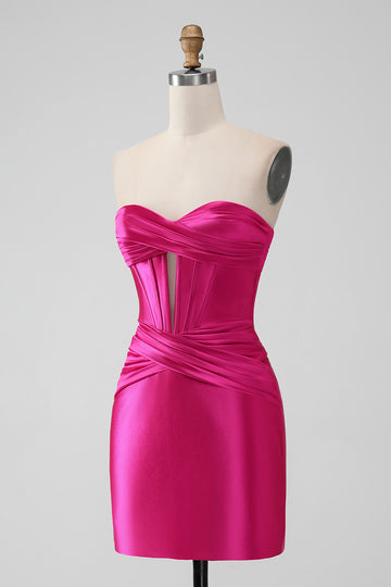 Fucsia Bodycon Novia Corsé de Satén Vestido Corto De Regreso A Casa